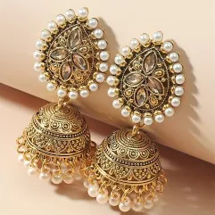 Gold-plated oxidized pearl jhumka earrings